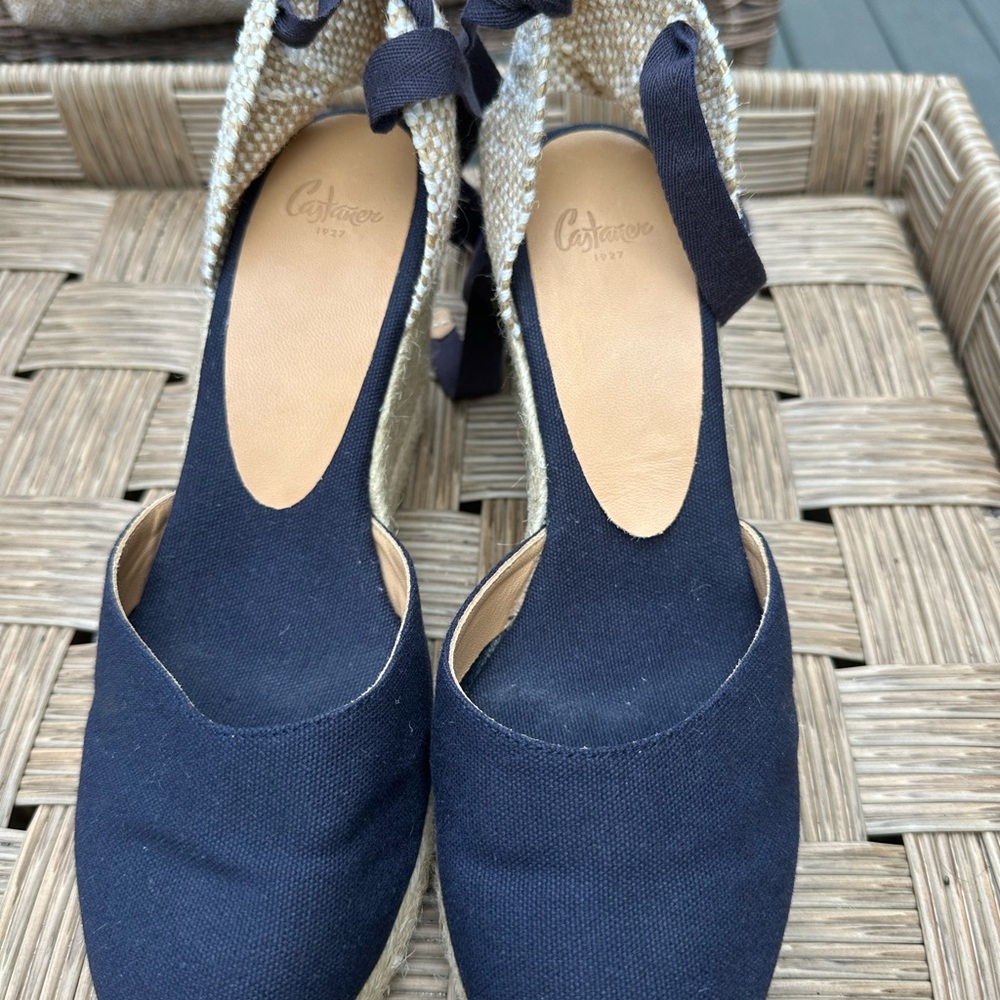 NWOB Castaner Espadrille Wedges Navy/Tan 3” heel front platform - Picture 8 of 11